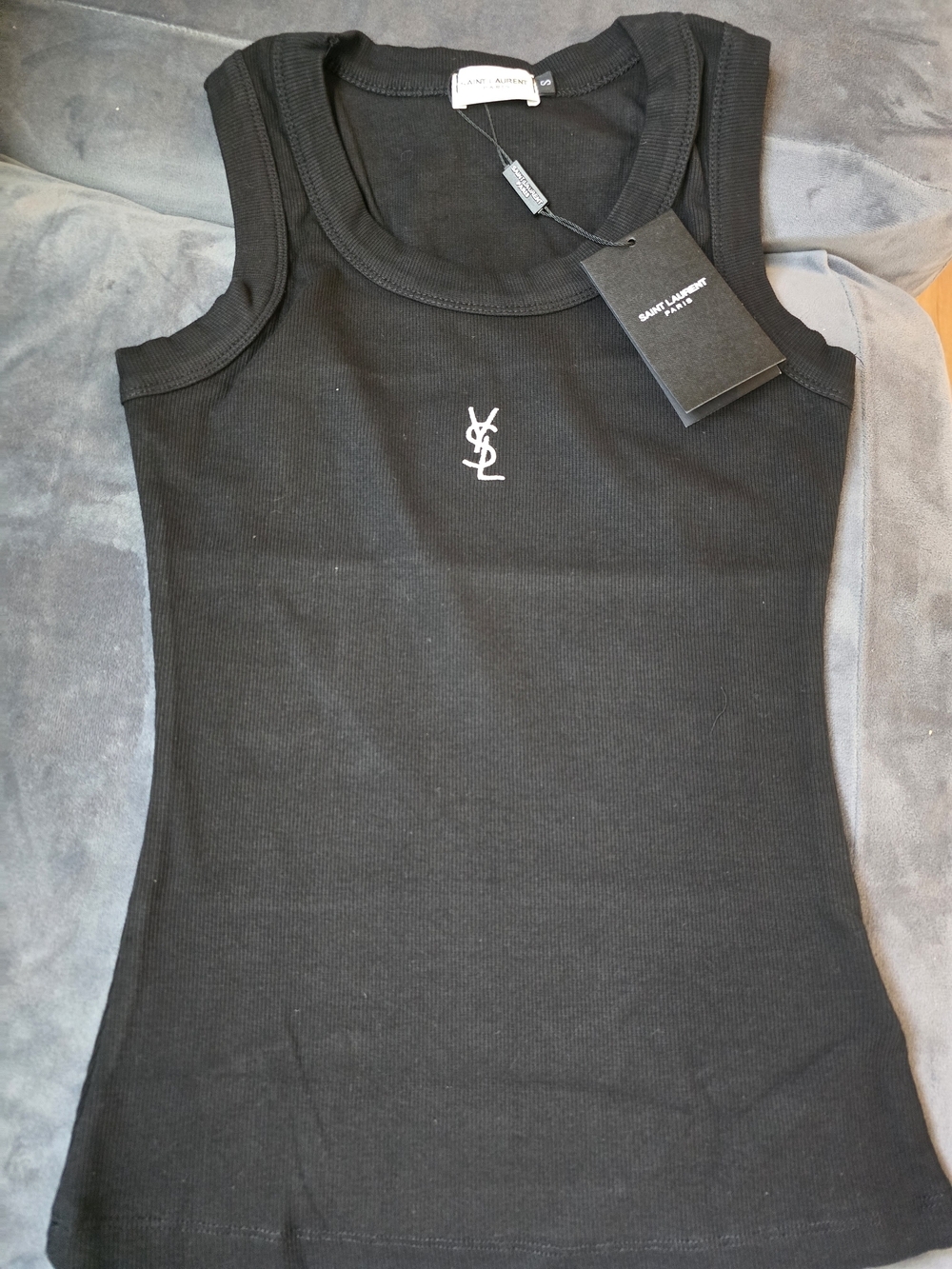 Saint Laurent Black Ribbed Logo Tank Top